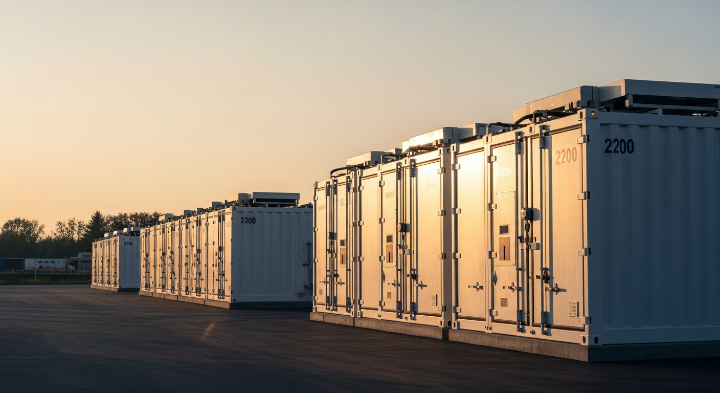 Reihe großer weißer Batteriespeicher-Container auf einem Industriegelände im Abendlicht