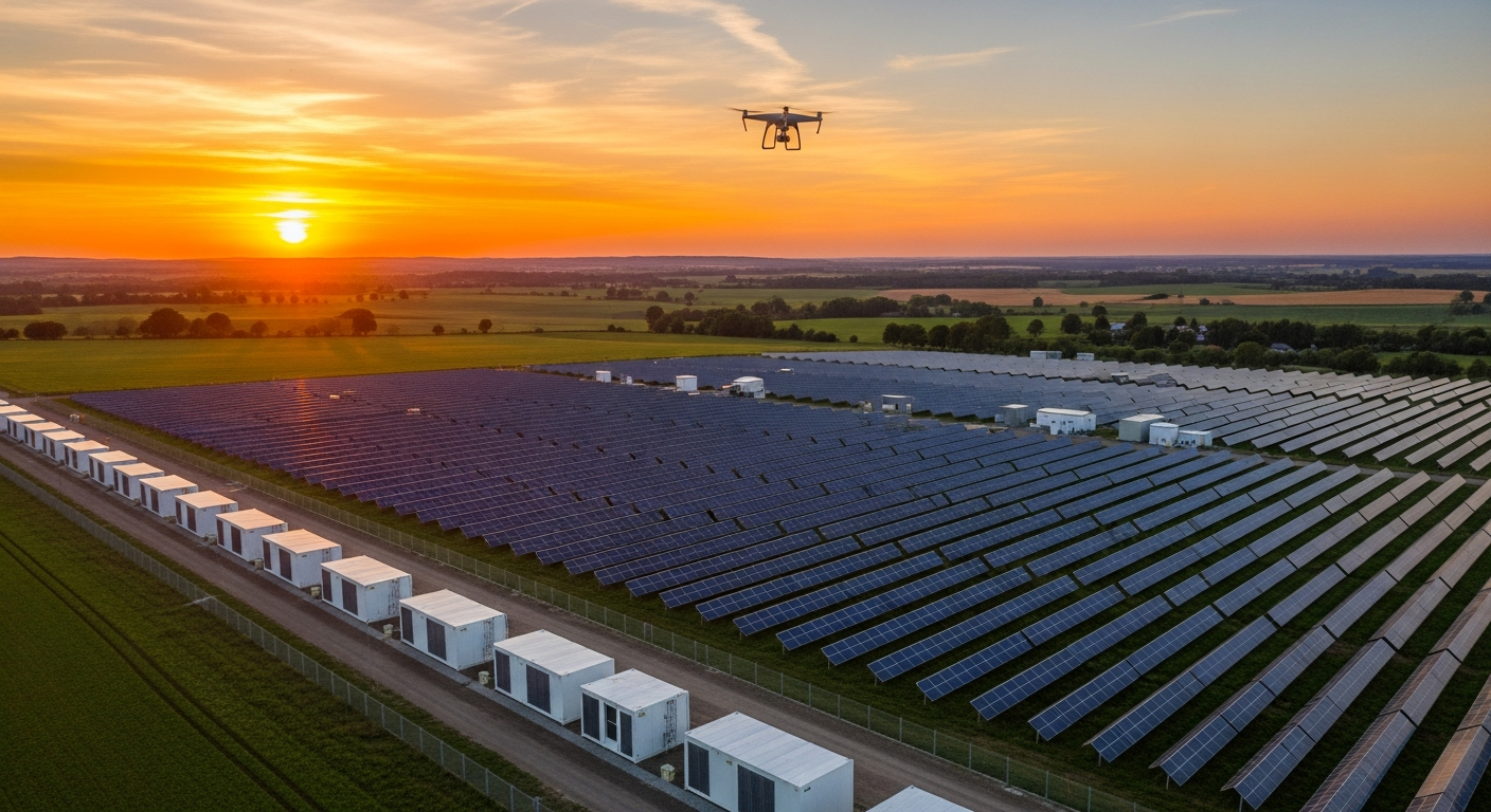 Weite Solarfreiflächenanlage in Norddeutschland im Abendlicht mit Batteriespeicher-Containern am Rand