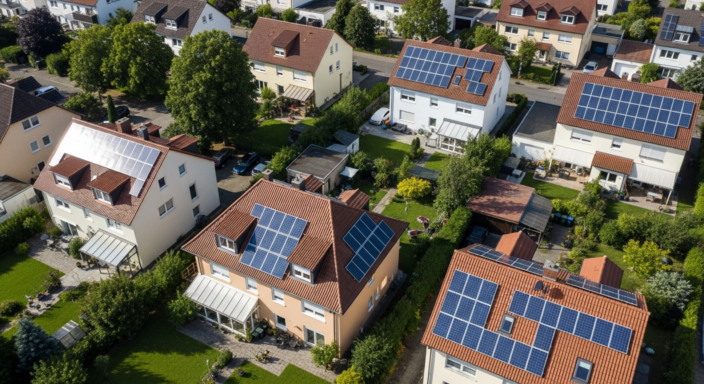 Reihenhaussiedlung von oben mit Solarmodulen auf Dächern in unterschiedlichen Ausrichtungen